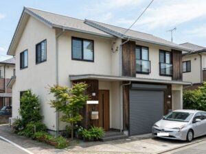 オフホワイトと木目調外壁の戸建て住宅